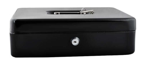 Nagyméretű fekete pénztároló doboz, két kulccsal, 30x24x9cm