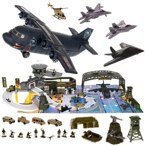 Játék katonai bázis, repülőtér, katonákkal + autókkal + gépekkel