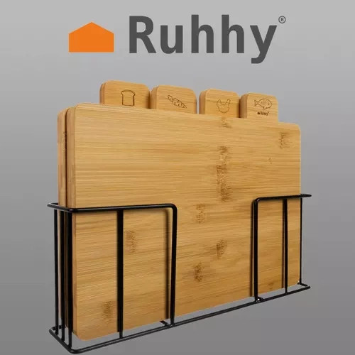 4 db-os bambusz vágódeszka szett jelölésekkel, tartóban