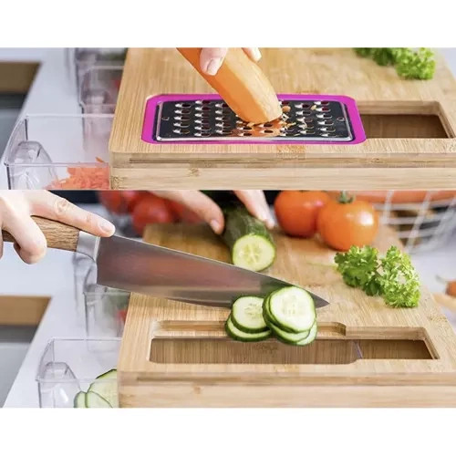 Bambusz vágódeszka, 4 reszelővel + 4 rekesszel