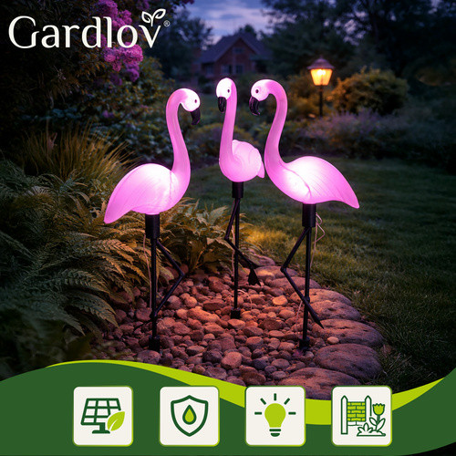 3 db-os flamingó napelemes lámpa, IP44, 52 x 20 cm/flamingó