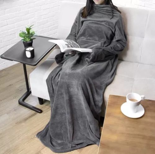 2-1-ben világosszürke pihe-pihe köntös és fürdőköpeny egyben, 210 x 180 cm