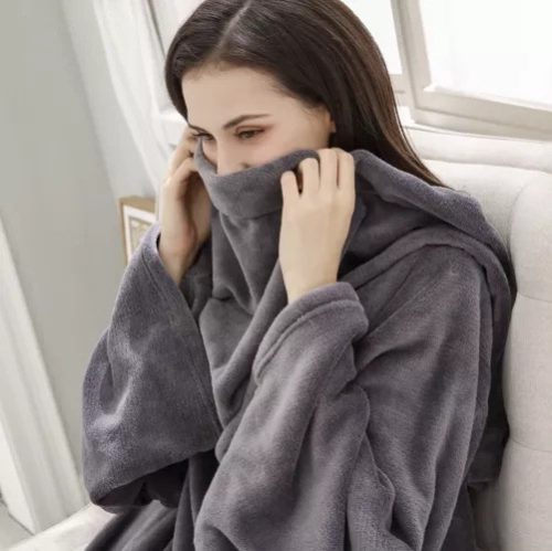 2-1-ben világosszürke pihe-pihe köntös és fürdőköpeny egyben, 210 x 180 cm