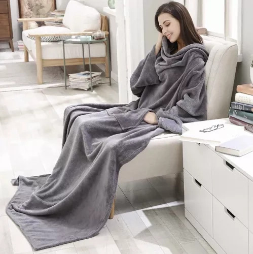 2-1-ben világosszürke pihe-pihe köntös és fürdőköpeny egyben, 210 x 180 cm