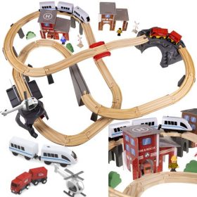 70 db-os fából készült vasútpálya szett gyerekeknek