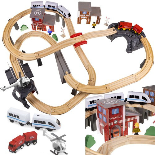 70 db-os fából készült vasútpálya szett gyerekeknek