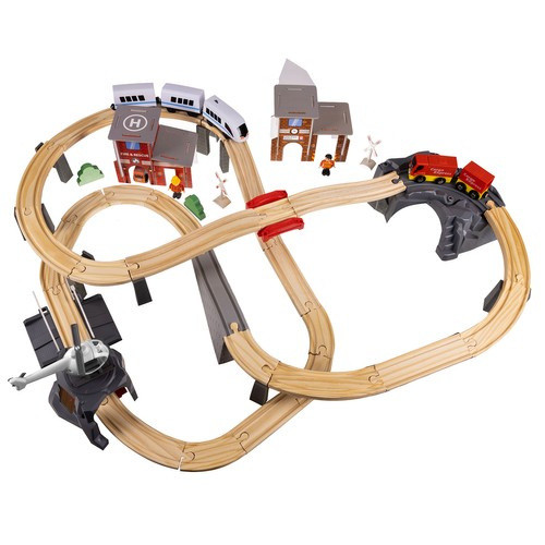 70 db-os fából készült vasútpálya szett gyerekeknek