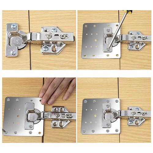 Rozsdamentes Acél Bútor Zsanér Javító Lapkák, 4 darabos készlet, 9 x 9 cm, 1 mm vastagság, 20 lyuk