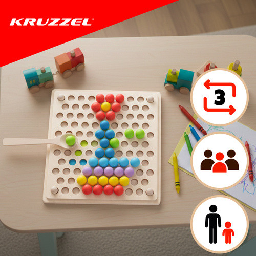 Fából készült kirakós színes gyöngyökkel, motorikus készségek fejlesztéséhez