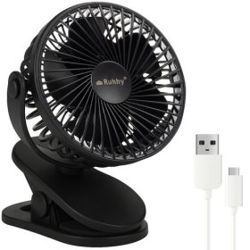   Ruhhy 25567 Vezeték nélküli Fekete Ventilátor Klipsszel, 1200mAh USB-C, 360° Forgatható Fej, 5W, Csendes Működés