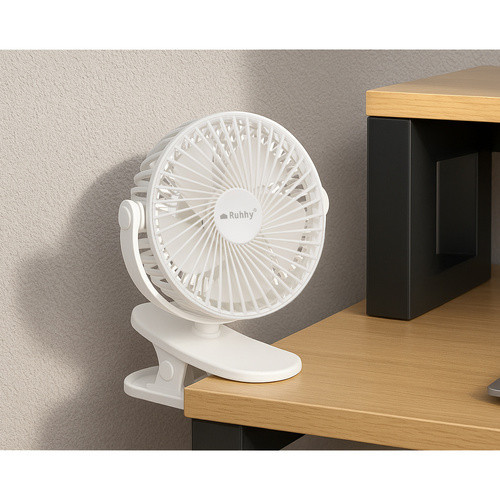 Vezeték nélküli Fehér Asztali Ventilátor Klipsszel, 1200mAh USB-C, 360°-os Forgatható Fej, 4 Üzemmód