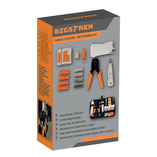 Bigstren 25834 RJ45/RJ11 Hálózati Kábel Teszter és Szerszámkészlet - 145 Részes