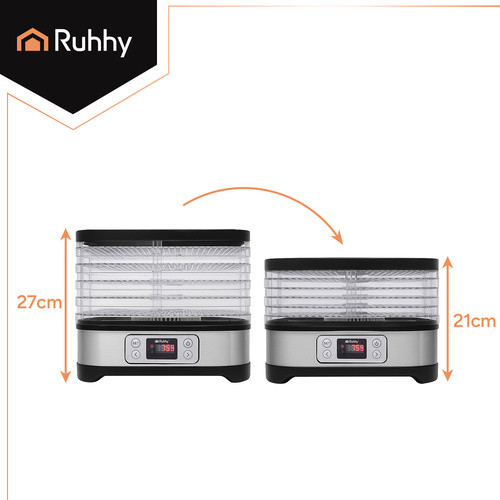 Ruhhy 400W Energiatakarékos gomba-, gyümölcs- és zöldségszárító, 10 liter kapacitás, 5 tálca, rozsdamentes acél