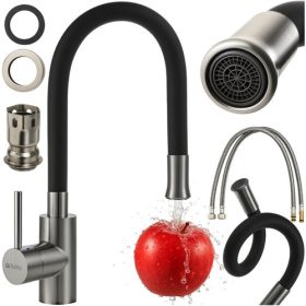   Elasztikus Konyhai Csaptelep RUHHY 360° Perlátorral – Szilikon és Rozsdamentes Acél, Fekete/Ezüst