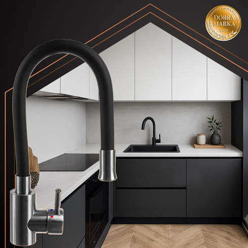 Elasztikus Konyhai Csaptelep RUHHY 360° Perlátorral – Szilikon és Rozsdamentes Acél, Fekete/Ezüst