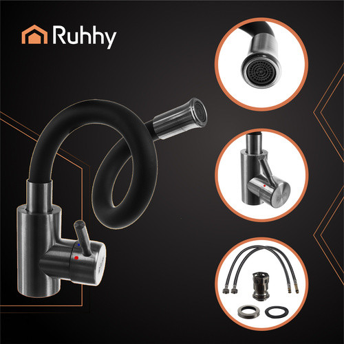Elasztikus Konyhai Csaptelep RUHHY 360° Perlátorral – Szilikon és Rozsdamentes Acél, Fekete/Ezüst