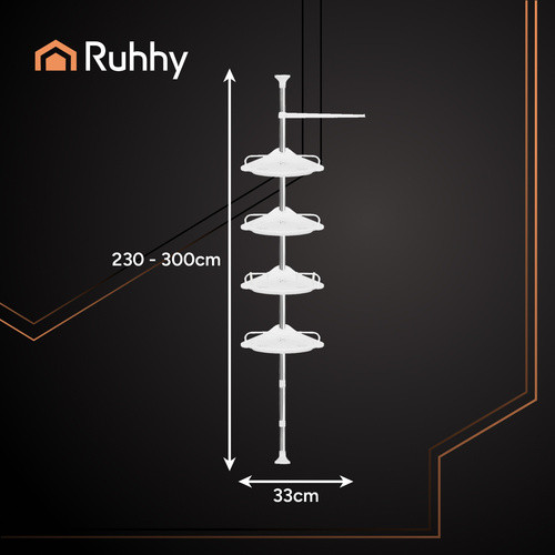 RUHHY Sarok Teleszkópos Zuhanypolc - Állítható Magasság (240-310 cm), 4 Szintes, Fehér, Rozsdamentes Acél