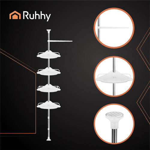 RUHHY Sarok Teleszkópos Zuhanypolc - Állítható Magasság (240-310 cm), 4 Szintes, Fehér, Rozsdamentes Acél