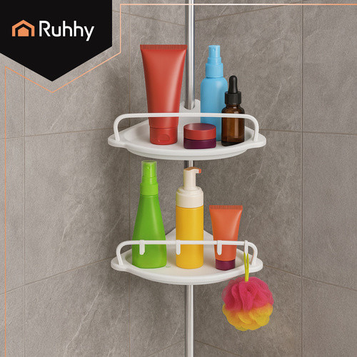 RUHHY Sarok Teleszkópos Zuhanypolc - Állítható Magasság (240-310 cm), 4 Szintes, Fehér, Rozsdamentes Acél