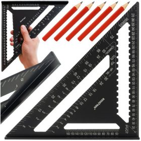   Bigstren Alumínium Asztalos Derékszögű Mérőszerszám 30x30 cm, Fekete, 5 Ceruza Tartozékkal