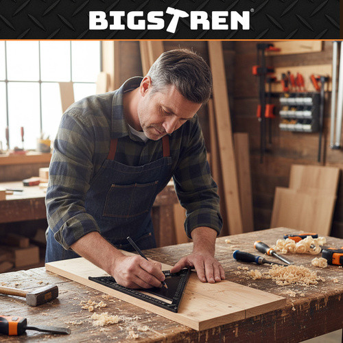 Bigstren Alumínium Asztalos Derékszögű Mérőszerszám 30x30 cm, Fekete, 5 Ceruza Tartozékkal