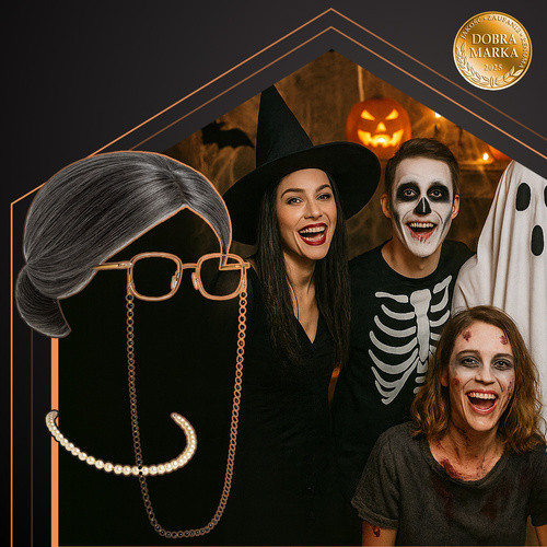RUHHY Klasszikus Női Jelmez Szett - Halloween és Karnevál - Szürke Paróka, Láncos Szemüveg, Gyöngy Nyakék