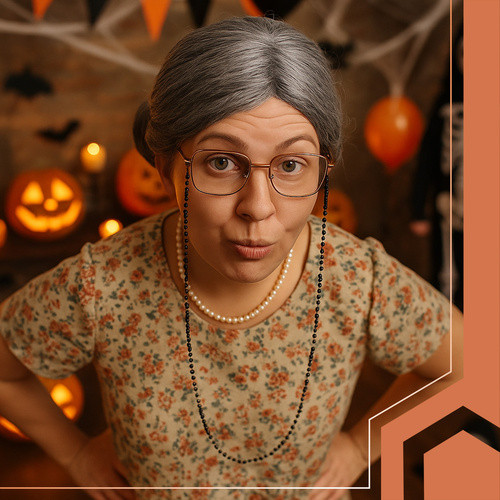 RUHHY Klasszikus Női Jelmez Szett - Halloween és Karnevál - Szürke Paróka, Láncos Szemüveg, Gyöngy Nyakék