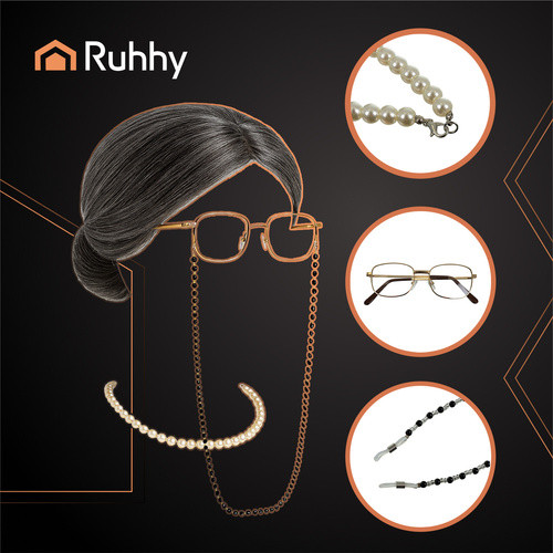 RUHHY Klasszikus Női Jelmez Szett - Halloween és Karnevál - Szürke Paróka, Láncos Szemüveg, Gyöngy Nyakék