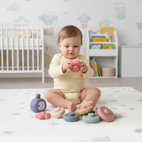 Gyermekeknek való, puha gumiból készült szenzoros építőkocka készlet - 8 db Montessori torony