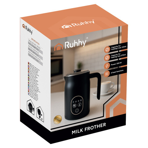Ruhhy LED Kijelzős 500W Elektromos Tejhabosító - Fekete, 4 az 1-ben funkcionalitás, Állítható hőmérséklet szabályozás, Kettős keverőeszköz