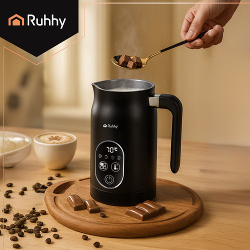 Ruhhy LED Kijelzős 500W Elektromos Tejhabosító - Fekete, 4 az 1-ben funkcionalitás, Állítható hőmérséklet szabályozás, Kettős keverőeszköz
