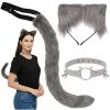 RUHHY Szürke Therian 3 az 1-ben Farkas, Macska és Róka Jelmez Szett, Pihe-puha Műszőrme, Állítható Choker és Farok, Choker Nyaklánc Két Csengővel