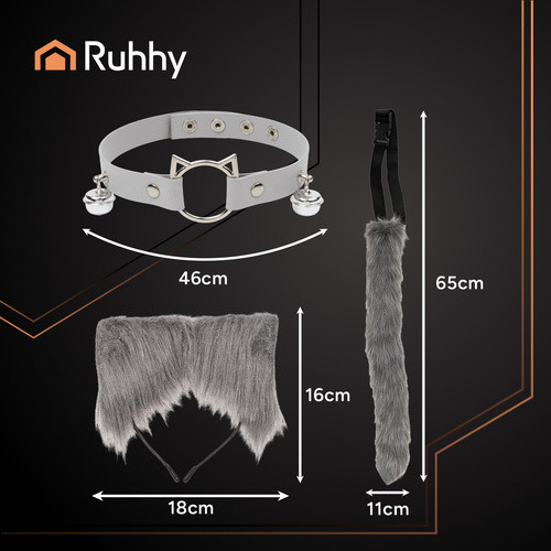 RUHHY Szürke Therian 3 az 1-ben Farkas, Macska és Róka Jelmez Szett, Pihe-puha Műszőrme, Állítható Choker és Farok, Choker Nyaklánc Két Csengővel