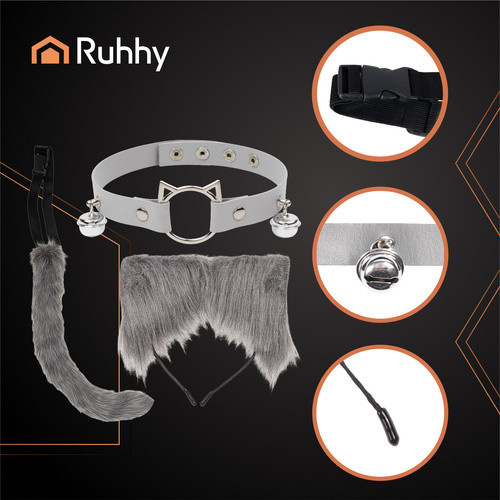RUHHY Szürke Therian 3 az 1-ben Farkas, Macska és Róka Jelmez Szett, Pihe-puha Műszőrme, Állítható Choker és Farok, Choker Nyaklánc Két Csengővel