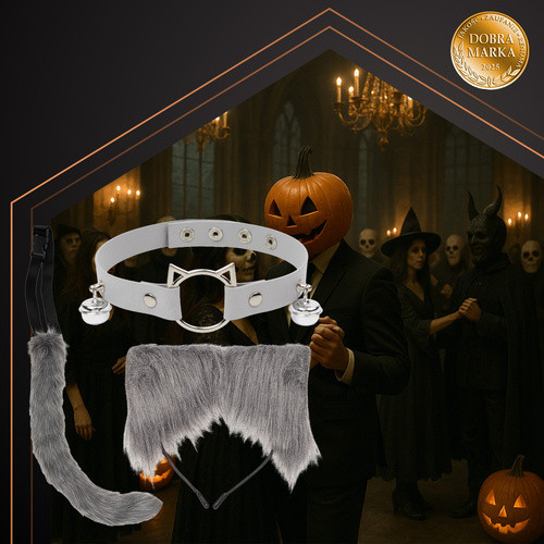 RUHHY Szürke Therian 3 az 1-ben Farkas, Macska és Róka Jelmez Szett, Pihe-puha Műszőrme, Állítható Choker és Farok, Choker Nyaklánc Két Csengővel