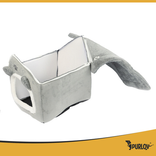 Purlov Szürke Plüss Macskalak - Kivehető Párnával, Csúszásmentes Aljjal, Cipzáras Tetővel