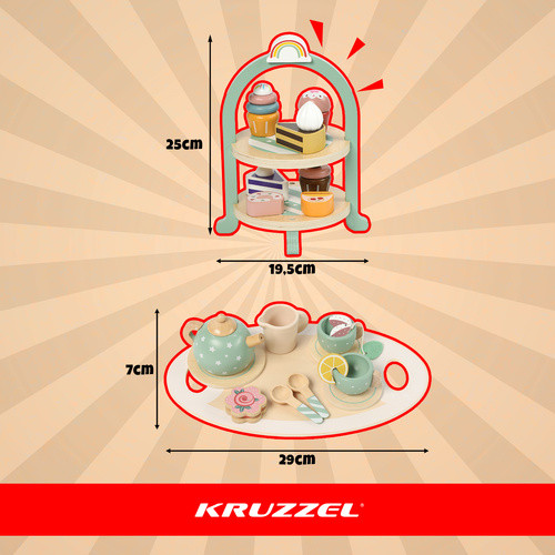 Gyermekek számára készült nagy fa teáskészlet, 15 elemes, pasztell színekkel, CE és EN71 tanúsítással - Kruzzel 26418