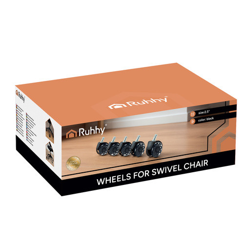 2,5" Ruhhy Szék Kerék, Fekete, 5 Darabos Készlet - Acélcsapágyas, Csendes, Univerzális