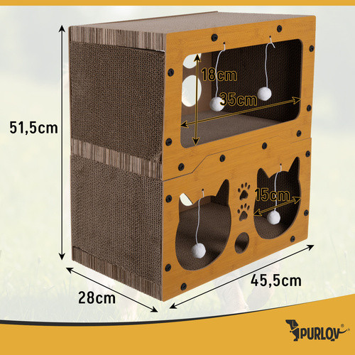 Kétszintes Macska Bújócska és Kaparófa PURLOV - HDF és Hullámkarton - 51,5 x 45,5 x 28 cm