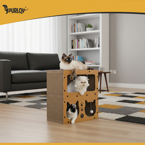 Kétszintes Macska Bújócska és Kaparófa PURLOV - HDF és Hullámkarton - 51,5 x 45,5 x 28 cm