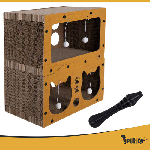 Kétszintes Macska Bújócska és Kaparófa PURLOV - HDF és Hullámkarton - 51,5 x 45,5 x 28 cm