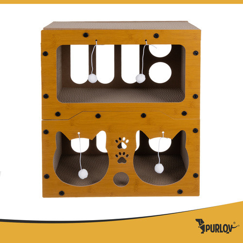 Kétszintes Macska Bújócska és Kaparófa PURLOV - HDF és Hullámkarton - 51,5 x 45,5 x 28 cm