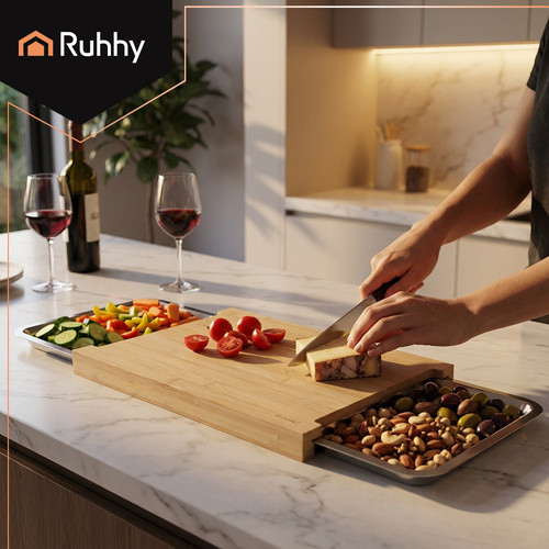 Ruhhy bambusz vágódeszka tárolóedényekkel, beépített sínekkel 