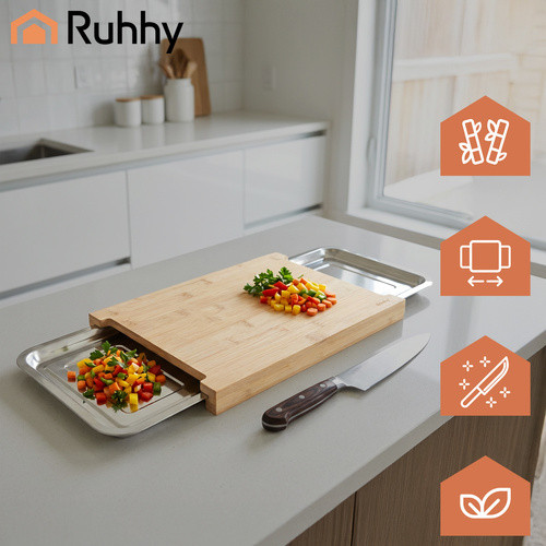 Ruhhy bambusz vágódeszka tárolóedényekkel, beépített sínekkel 