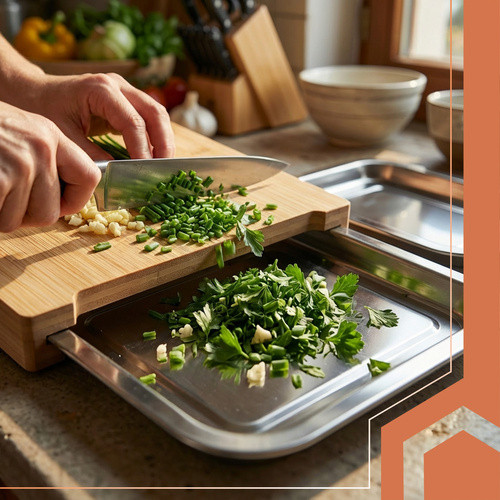 Ruhhy bambusz vágódeszka tárolóedényekkel, beépített sínekkel 