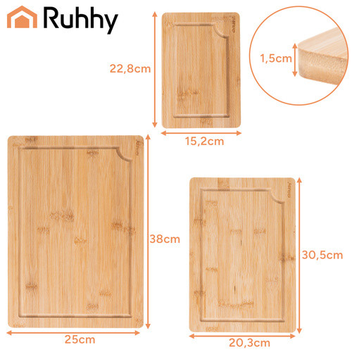Ruhhy bambusz vágódeszka szett tartóval, 3 darabos készlet 