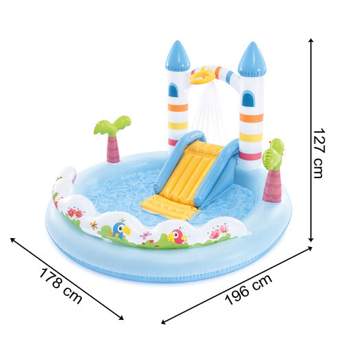 Intex vízi játszótér, kastély és unikornis, csúszdával, locsolóval, 196x178x127 cm