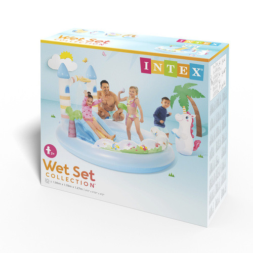 Intex vízi játszótér, kastély és unikornis, csúszdával, locsolóval, 196x178x127 cm