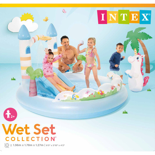 Intex vízi játszótér, kastély és unikornis, csúszdával, locsolóval, 196x178x127 cm