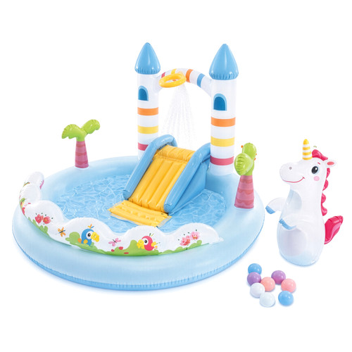 Intex vízi játszótér, kastély és unikornis, csúszdával, locsolóval, 196x178x127 cm